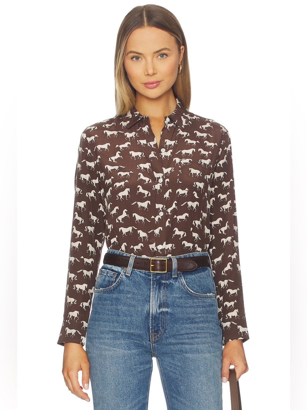 Rails Kate Button Down 100% Silk Blouse Horse Print Brown and Ivory Size XXL